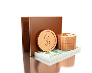 3d illustration. Wallet with coin and stack of bills