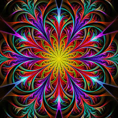 Bright multicolored fractal flower or snowflake on black background