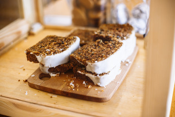 photographed closeup cupcake, cooked at home and lying on a wooden board