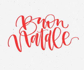 Buon Natale. Merry Christmas handwritten calligraphy in Italian. Greeting red typography on gray background. Vector Illustration hand drawn Lettering.