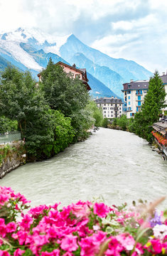 Arve river, buildings of Chamonix and Mont Blanc Massif