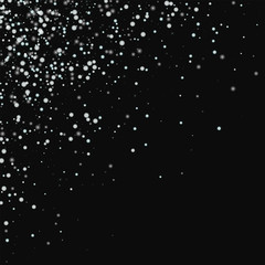 Amazing falling snow. Scattered top left corner with amazing falling snow on black background. Vector illustration.