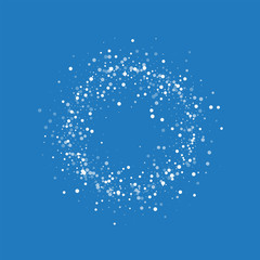 Random falling white dots. Small circle frame with random falling white dots on blue background. Vector illustration.
