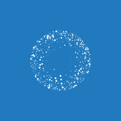 Random falling white dots. Small round frame with random falling white dots on blue background. Vector illustration.