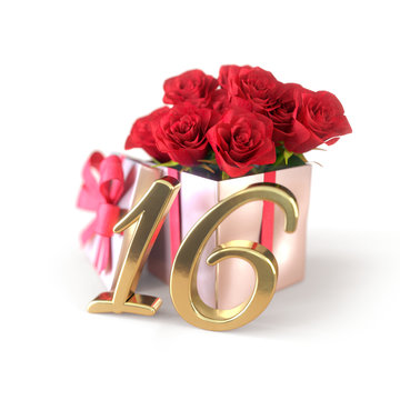 birthday concept with red roses in gift isolated on white background. sixteenth. 16th. 3D render