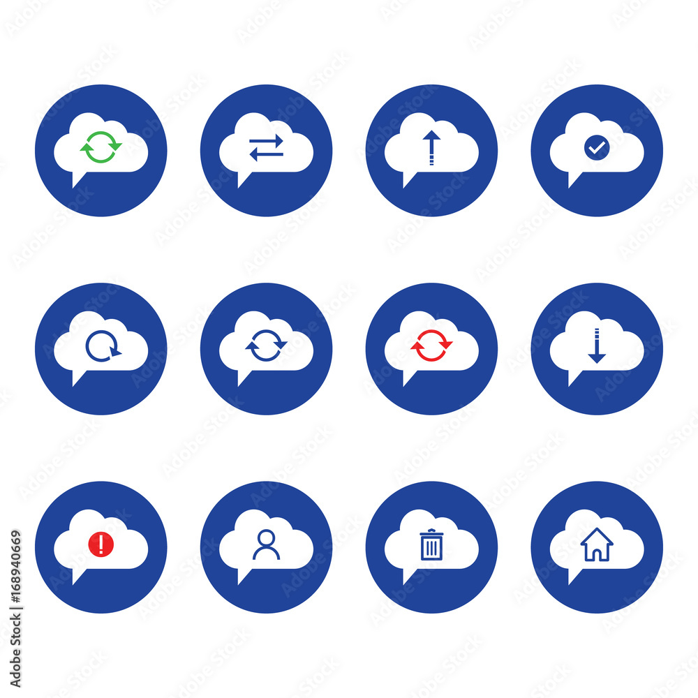 Poster cloud computing icons set with bold blue circle. includes such as data synchronization, transfer, ac