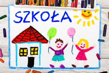 Fototapeta Kolorowy rysunek z napisem SZKOŁA, budynkiem szkoły oraz cieszącymi się dziećmi. Powrót do szkoły.  obraz