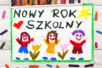 Fototapeta Kolorowy rysunek przedstawiający dzieci cieszące się z Nowego Roku Szkolnego. Powrót do szkoły.  obraz