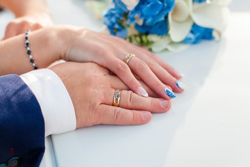 bride and groom holding hands with wedding rings on it