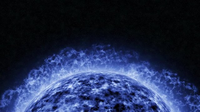 Blue supergiant stars class I of spectral type O. Star surface with flares. Abstract scientific background. Blue sun.
