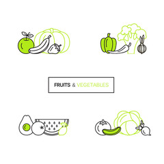 Vector set of logo design templates in line icon style for organic products - fruits and vegetables symbols.