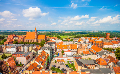 Naklejka premium Aerial view. Old town in Chelmno, Poland