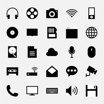 Multimedia icon set black and white