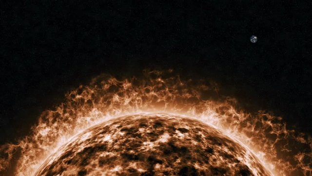 A solar flare on the surface of the sun with the Earth coming into view in the background.