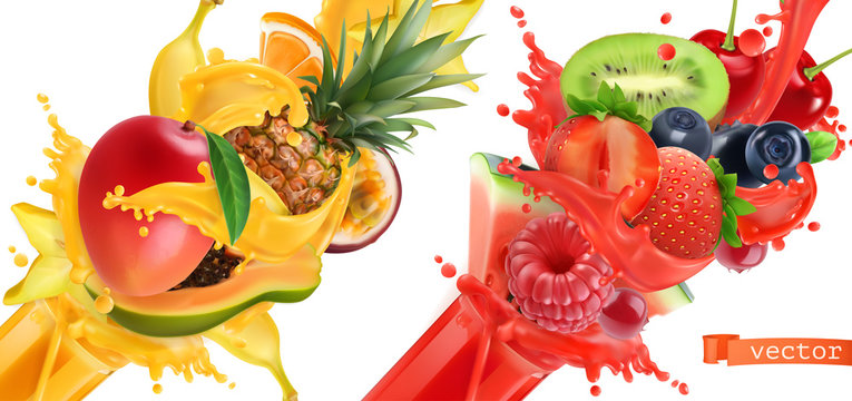Fruit burst. Splash of juice. Sweet tropical fruits and mixed berries. Mango, banana, pineapple, papaya, strawberry, raspberry, blueberry, watermelon. 3d realistic vector icon set