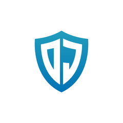 Initial letter DJ, shield logo, modern blue color