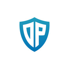 Initial letter DP, shield logo, modern blue color
