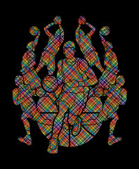 Basketball Team player dunking dripping ball action designed using colorful pixels graphic vector