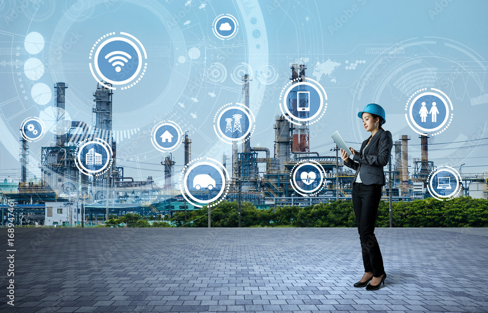 Poster young engineer and smart factory concept. internet of things. sensor network.