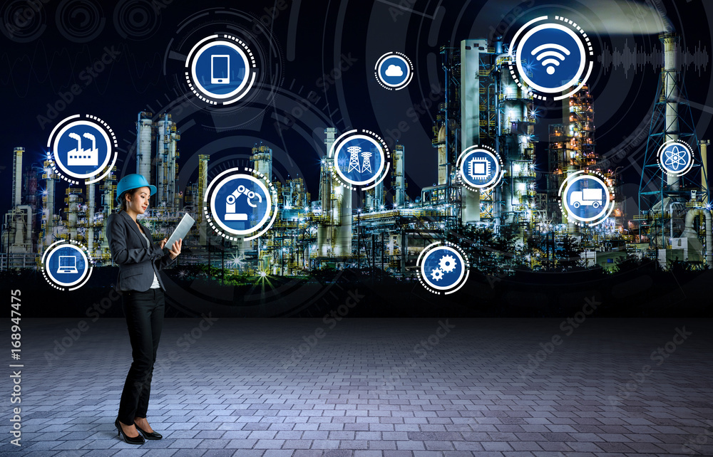Poster young engineer and smart factory concept. Internet of Things. Sensor Network.