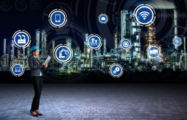 young engineer and smart factory concept. Internet of Things. Sensor Network.