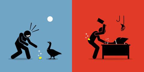 Man Killing a Golden Goose with a Gold Egg. Artwork illustrations depicts greed, stupidity, impatient, and fortune.  © leremy