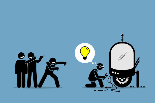 Critics Mocking and Making Fun of an Inventor from Creating and Inventing New Idea and Extraordinary Technology. Artwork illustrations depicts critique, hate, ignorant, inventor, and unsupportive. 