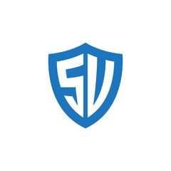 Initial letter SU, SV, shield logo, modern blue color
