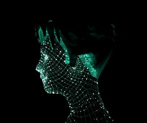 Head of the person from a 3d Grid. Human head wire model. Polygonal geometric face design. 3D rendering.