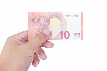 Hand holding ten Euro bill, isolated on a white background