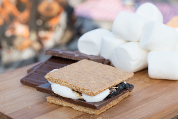 Smores Ingredients at a Beach Bonfire with Chocolate, Marshmellow, and Graham Crackers with Room for Copy