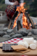 Smores Ingredients at a Beach Bonfire with Chocolate, Marshmellow, and Graham Crackers with Room for Copy