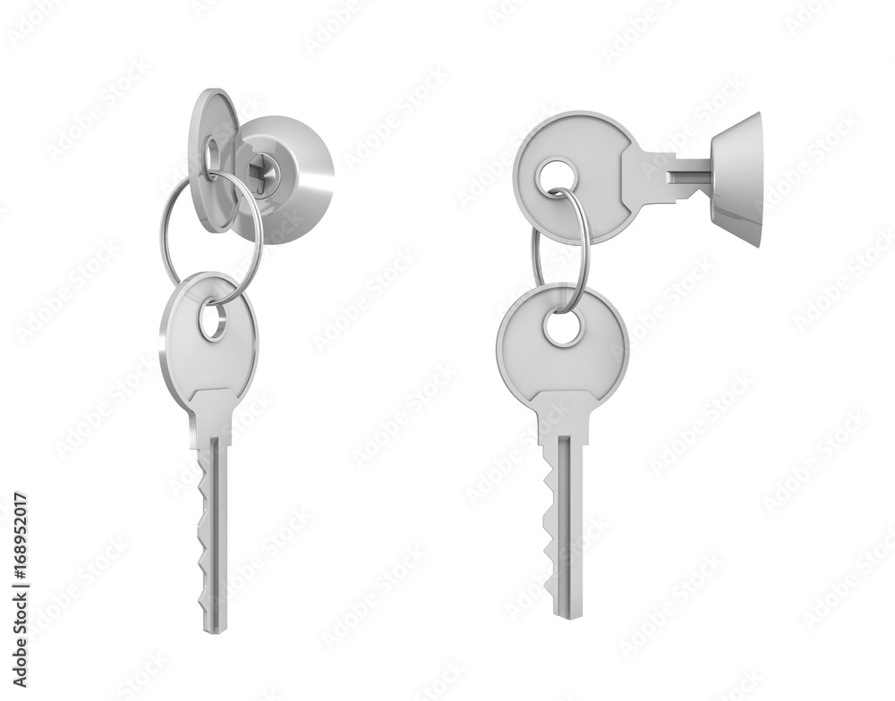Fototapete 3d rendering of 2 keylocks with keys in side view and 45 degrees view with one key hanging below