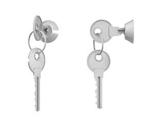 3d rendering of 2 keylocks with keys in side view and 45 degrees view with one key hanging below