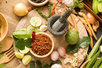 Assortment of Thai food Cooking ingredients. Spices ingredients chilli pepper garlicgalanga and...