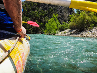 Paddle, river and the side of the boat during rafting