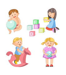 Children little boys girls playing toy games vector flat icons set