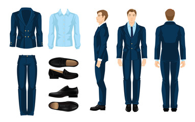 Vector illustration of corporate dress code. Businessman or professor in ormal suit and shoes. Front view and side view.. Blue shirt, suit and  black  shoes isolated on white background.