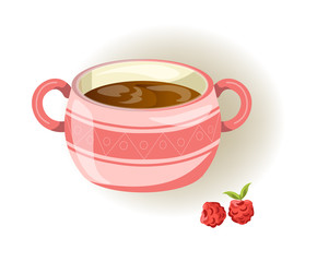Pink cup with small pattern, two handles and sweet raspberry