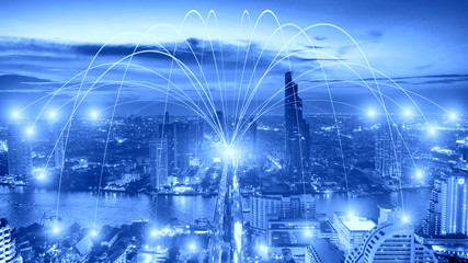 Business networking connection concept and Wi-Fi in city.Technology communication.Background blur building in the capital.