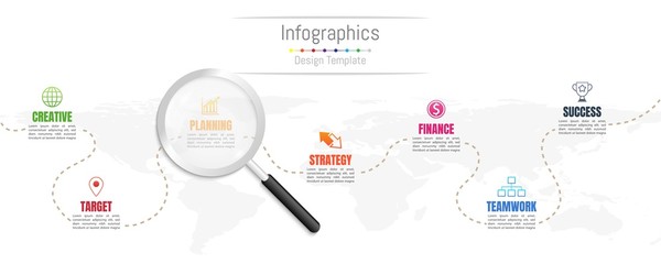 Fototapeta na wymiar Infographic design elements for your business data with 7 options, parts, steps, timelines or processes and transparent magnifying glass.World map of this image furnished by NASA, Vector Illustration