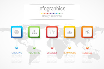 Infographic design elements for your business data with 5 options, parts, steps, timelines or processes. Vector Illustration. World map of this image furnished by NASA