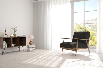 White room with armchair and green landscape in window. Scandinavian interior design. 3D illustration