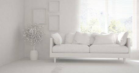 White room with sofa. Scandinavian interior design. 3D illustration
