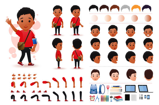 Little Black African Boy Student Character Creation Kit Template with Different Facial Expressions, Hair Colors, Body Parts and Accessories. Vector Illustration.
