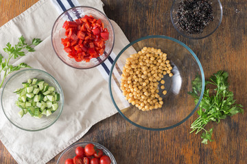 Black quinoa, chickpeas, peppers, cucumber, tomatoes and parsley