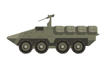 Naklejka premium Military transport in armored corpus with weapon on roof