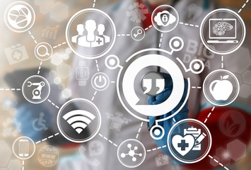 Dialog Quotation Talking Health Care Connectivity Working Communication concept. Doctor offers...
