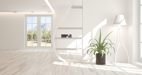 White empty room with summer landscape in window. Scandinavian interior design. 3D illustration