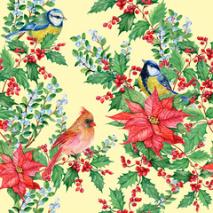 seamless pattern Christmas background with mistletoe ,poinsettias ,birds, red cardinal,titmouse watercolor